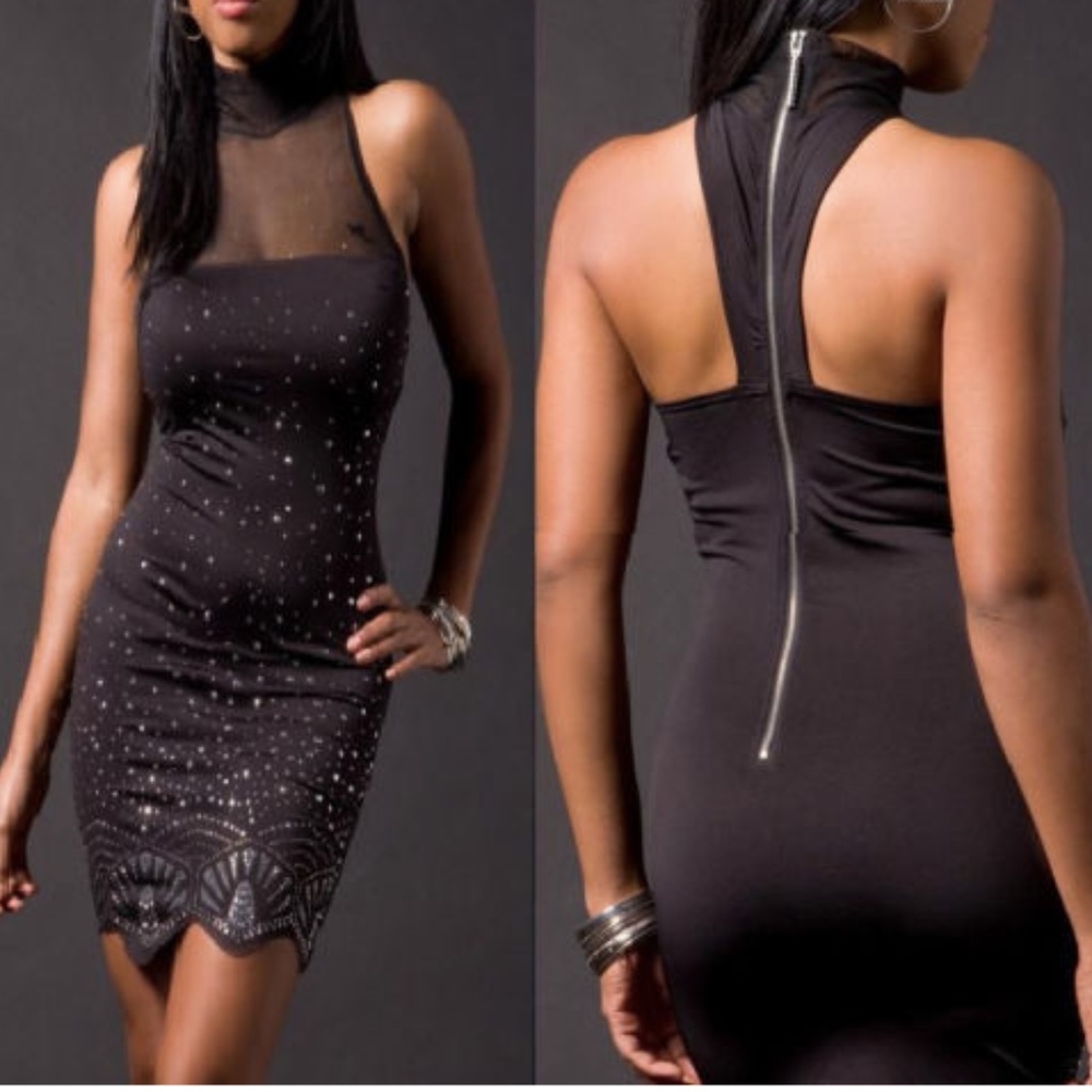 NEW  BLACK High neck Mesh rhinestone Open Back fitted stretch dress 2X P…